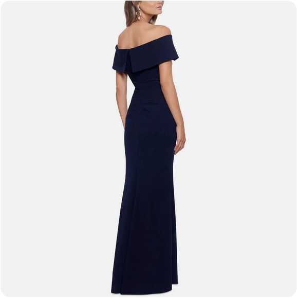 NEW Xscape Off-The-Shoulder Maxi Formal Evening Gown in Navy, Petite Size 12 NWT - Picture 4 of 11